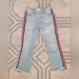 Mother Jeans Insider Crop Step Fray Light Blue with Red and Blue Stripes 29